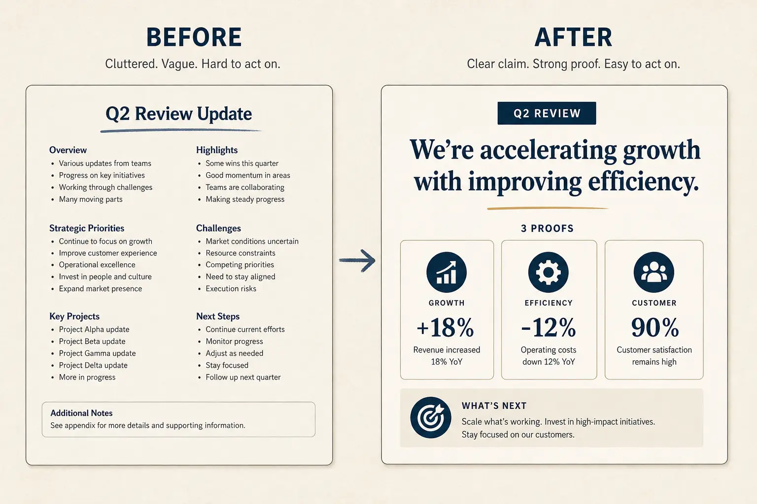 Cluttered slide versus clear visual hierarchy
